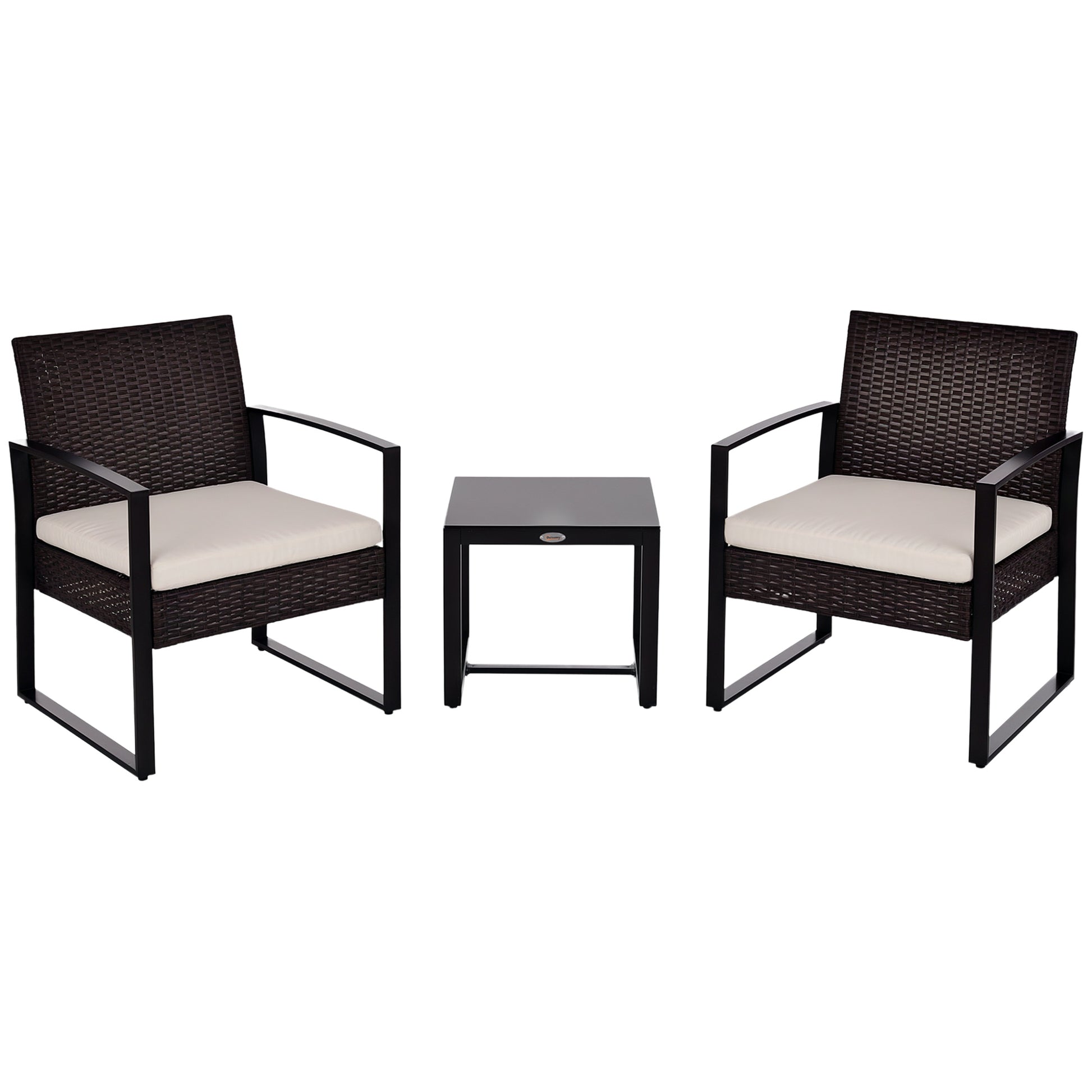 Polyrattan Garden Furniture Set, Outdoor Balcony Furniture for 2 People, 3-Piece Seating Group with 2 Chairs, Table Seat Cushion, Weatherproof Garden Furniture for Garden, Terrace Balcony, Brown+Cream