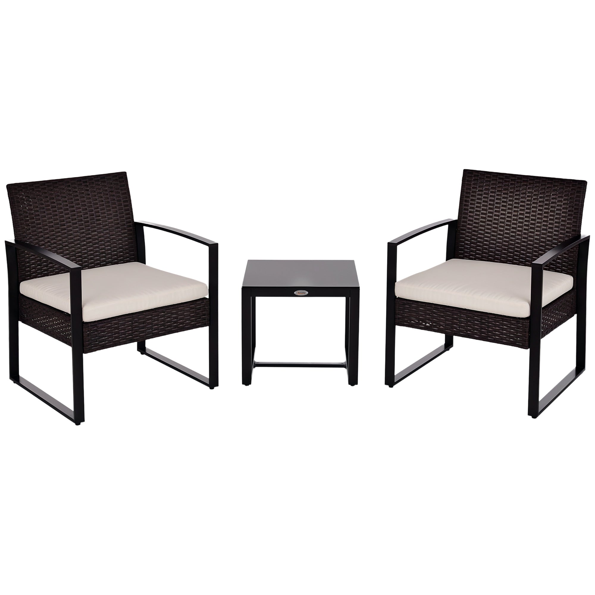 Polyrattan Garden Furniture Set, Outdoor Balcony Furniture for 2 People, 3-Piece Seating Group with 2 Chairs, Table Seat Cushion, Weatherproof Garden Furniture for Garden, Terrace Balcony, Brown+Cream