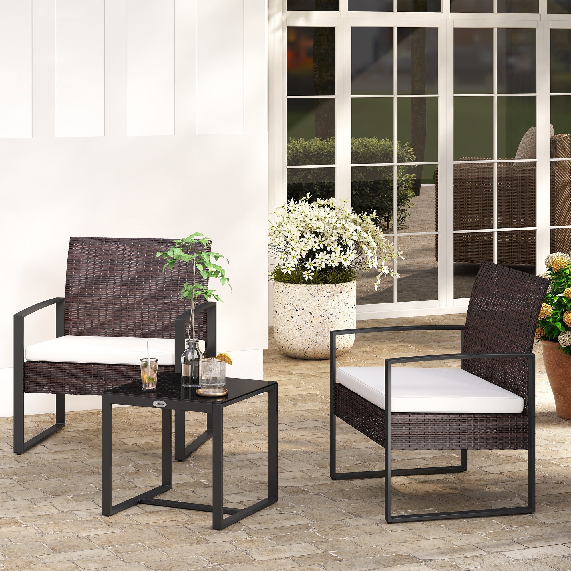 Polyrattan Garden Furniture Set, Outdoor Balcony Furniture for 2 People, 3-Piece Seating Group with 2 Chairs, Table Seat Cushion, Weatherproof Garden Furniture for Garden, Terrace Balcony, Brown+Cream