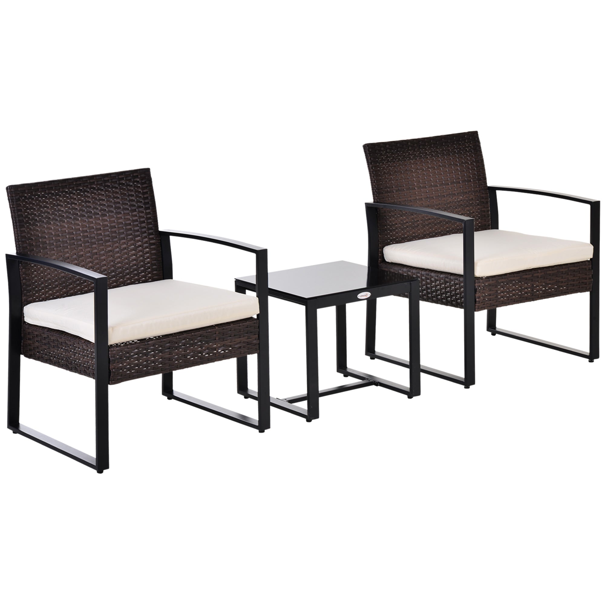 Polyrattan Garden Furniture Set, Outdoor Balcony Furniture for 2 People, 3-Piece Seating Group with 2 Chairs, Table Seat Cushion, Weatherproof Garden Furniture for Garden, Terrace Balcony, Brown+Cream