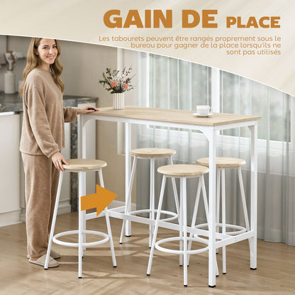 Bar Table Set with 4 Stools — High Kitchen/Dining Table with Footrests, Modern Metal Frame, Natural Wood Effect