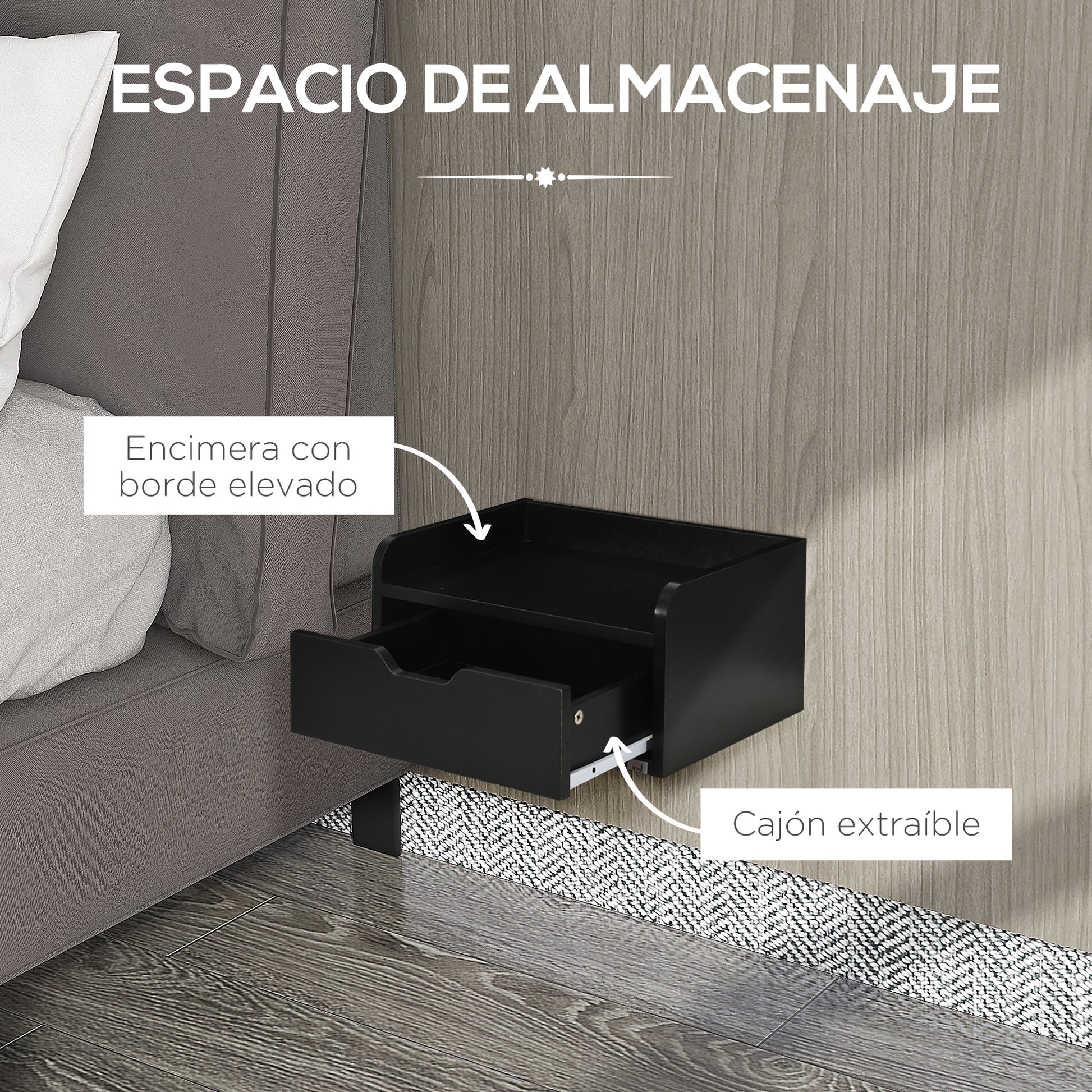 Set of 2 Wall-Mounted Bedside Tables Nightstands with 1 Drawer for Bedroom Home Simple Design 40x30x19.5 cm Black
