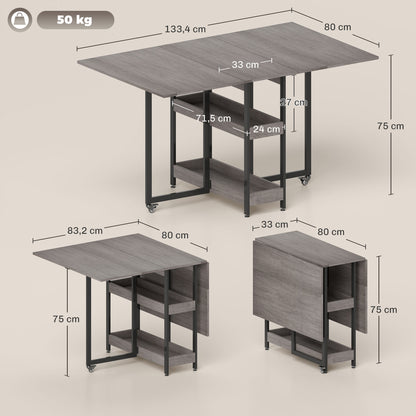 Folding Dining Table for 2-4 People with 2 Open Shelves, Mobile Dining Table with Wheels for Small Spaces, Dining Room, Kitchen 133.4 x 80 x 75 cm Gray