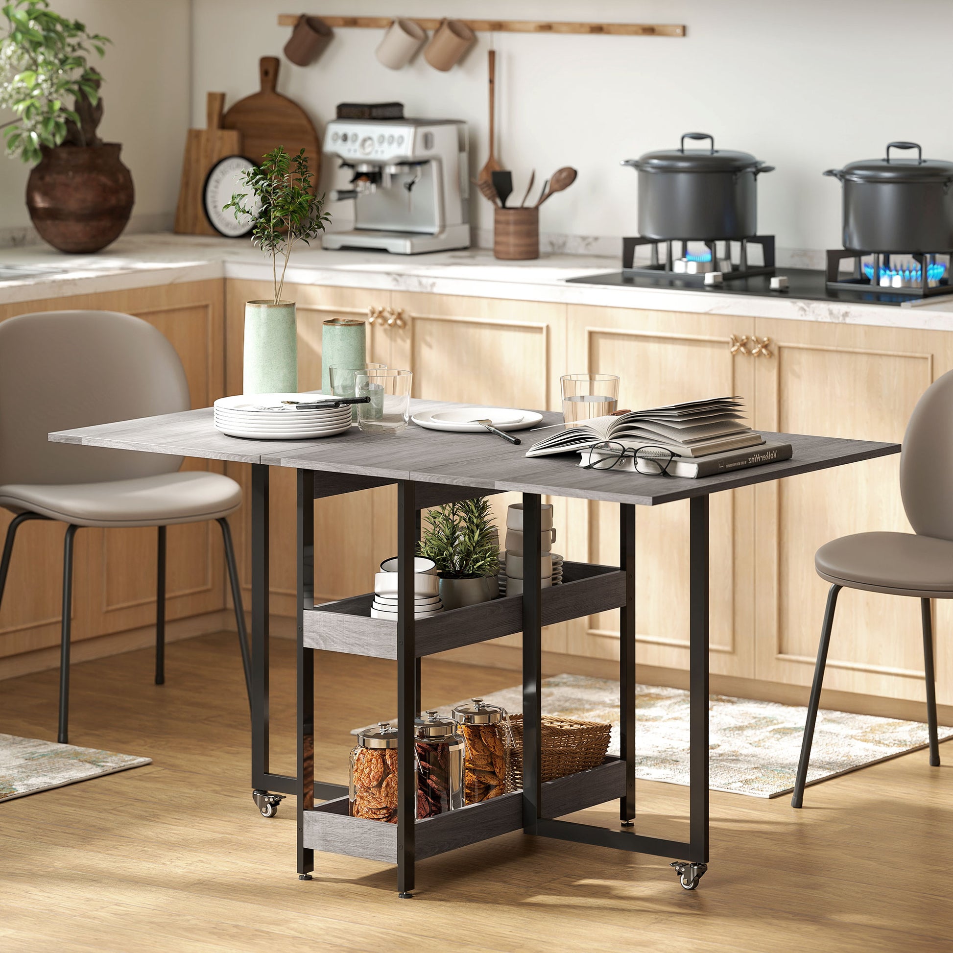 Folding Dining Table for 2-4 People with 2 Open Shelves, Mobile Dining Table with Wheels for Small Spaces, Dining Room, Kitchen 133.4 x 80 x 75 cm Gray