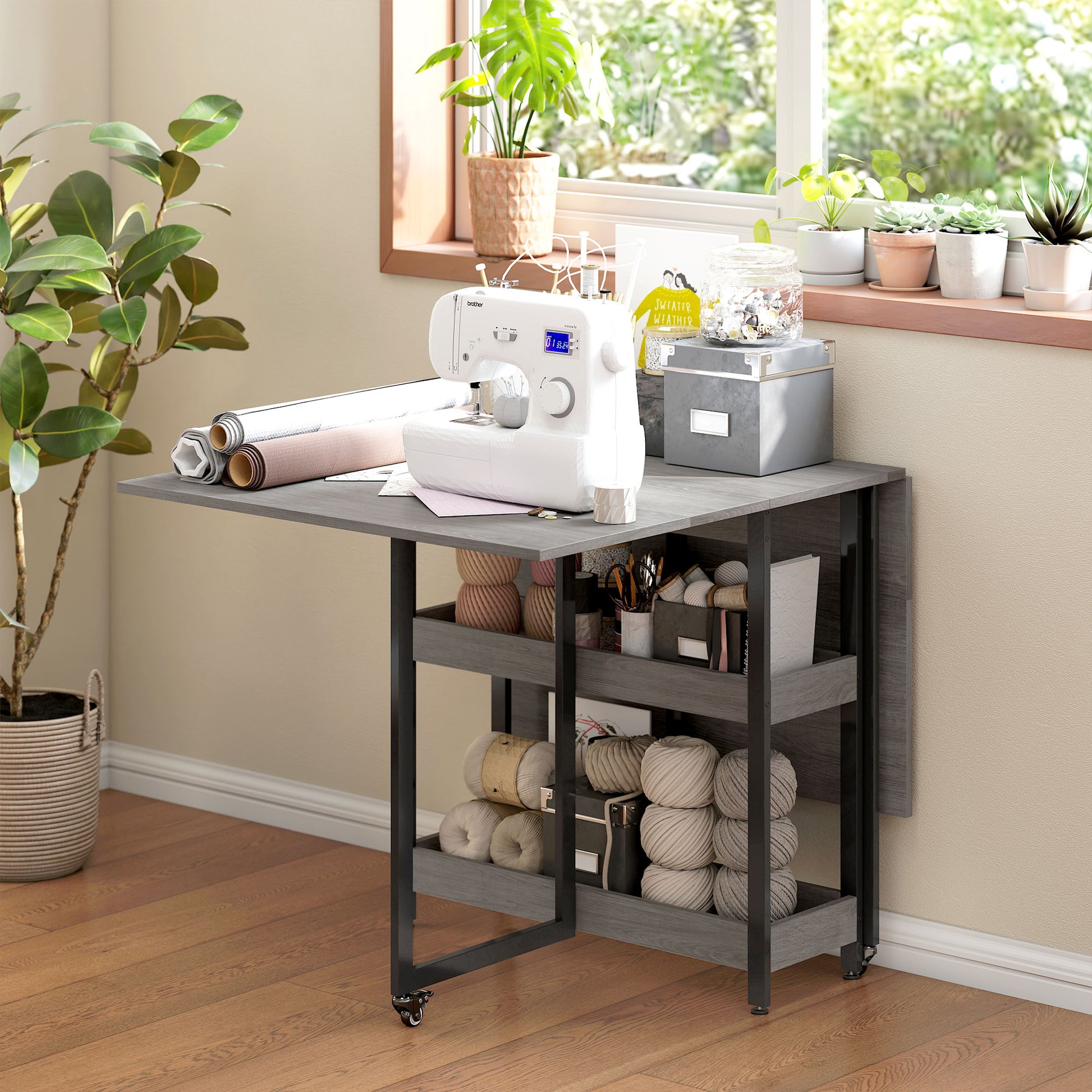 Folding Dining Table for 2-4 People with 2 Open Shelves, Mobile Dining Table with Wheels for Small Spaces, Dining Room, Kitchen 133.4 x 80 x 75 cm Gray