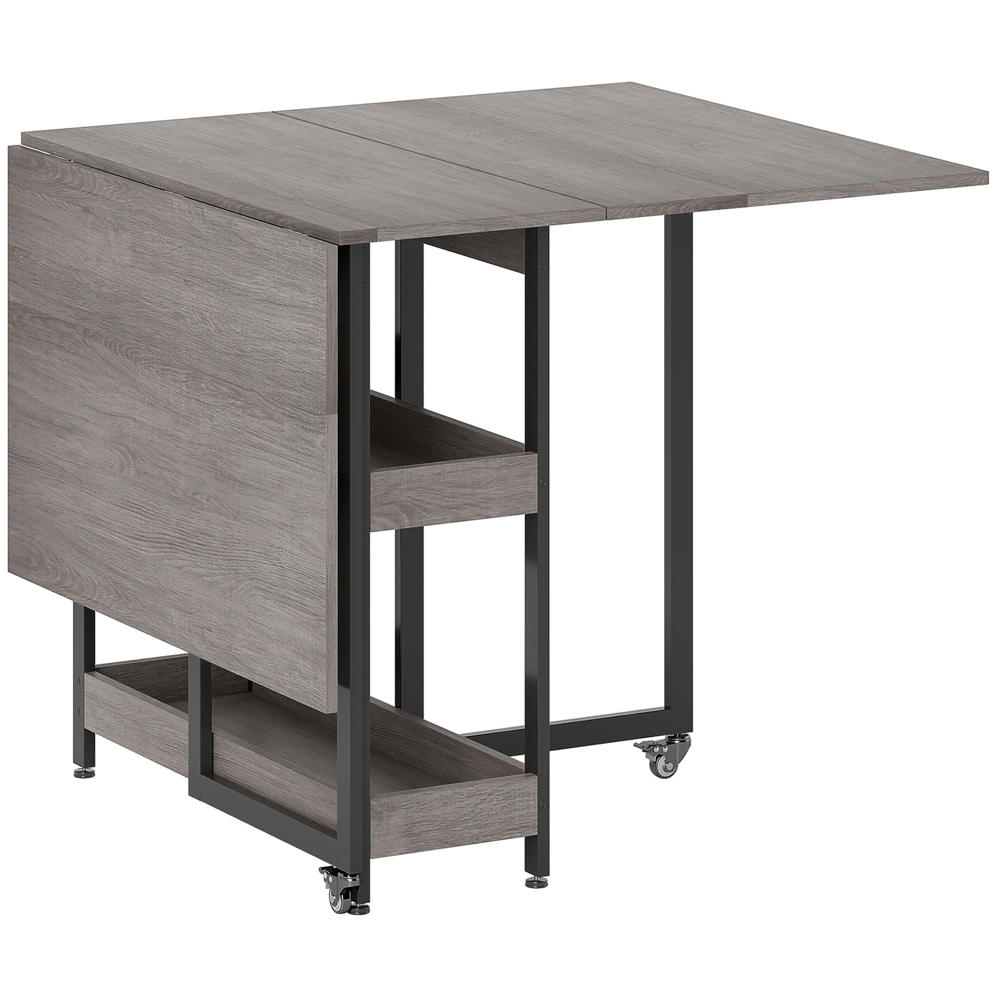 Folding Dining Table for 2-4 People with 2 Open Shelves, Mobile Dining Table with Wheels for Small Spaces, Dining Room, Kitchen 133.4 x 80 x 75 cm Gray