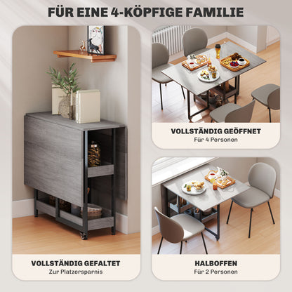 Folding Dining Table for 2-4 People with 2 Open Shelves, Mobile Dining Table with Wheels for Small Spaces, Dining Room, Kitchen 133.4 x 80 x 75 cm Gray