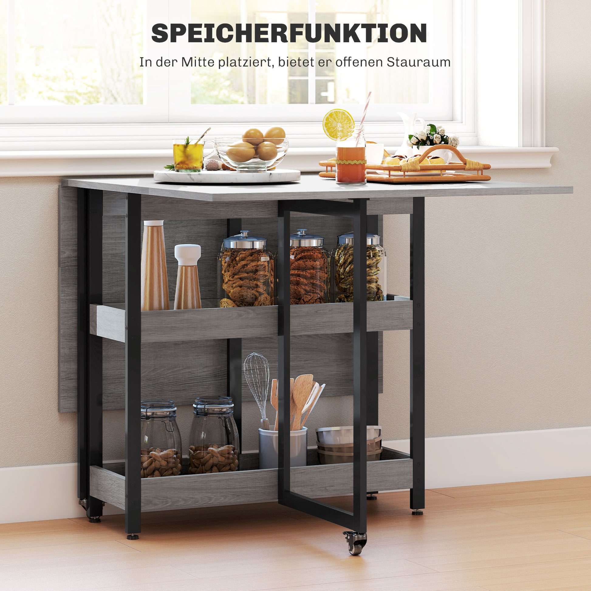 Folding Dining Table for 2-4 People with 2 Open Shelves, Mobile Dining Table with Wheels for Small Spaces, Dining Room, Kitchen 133.4 x 80 x 75 cm Gray