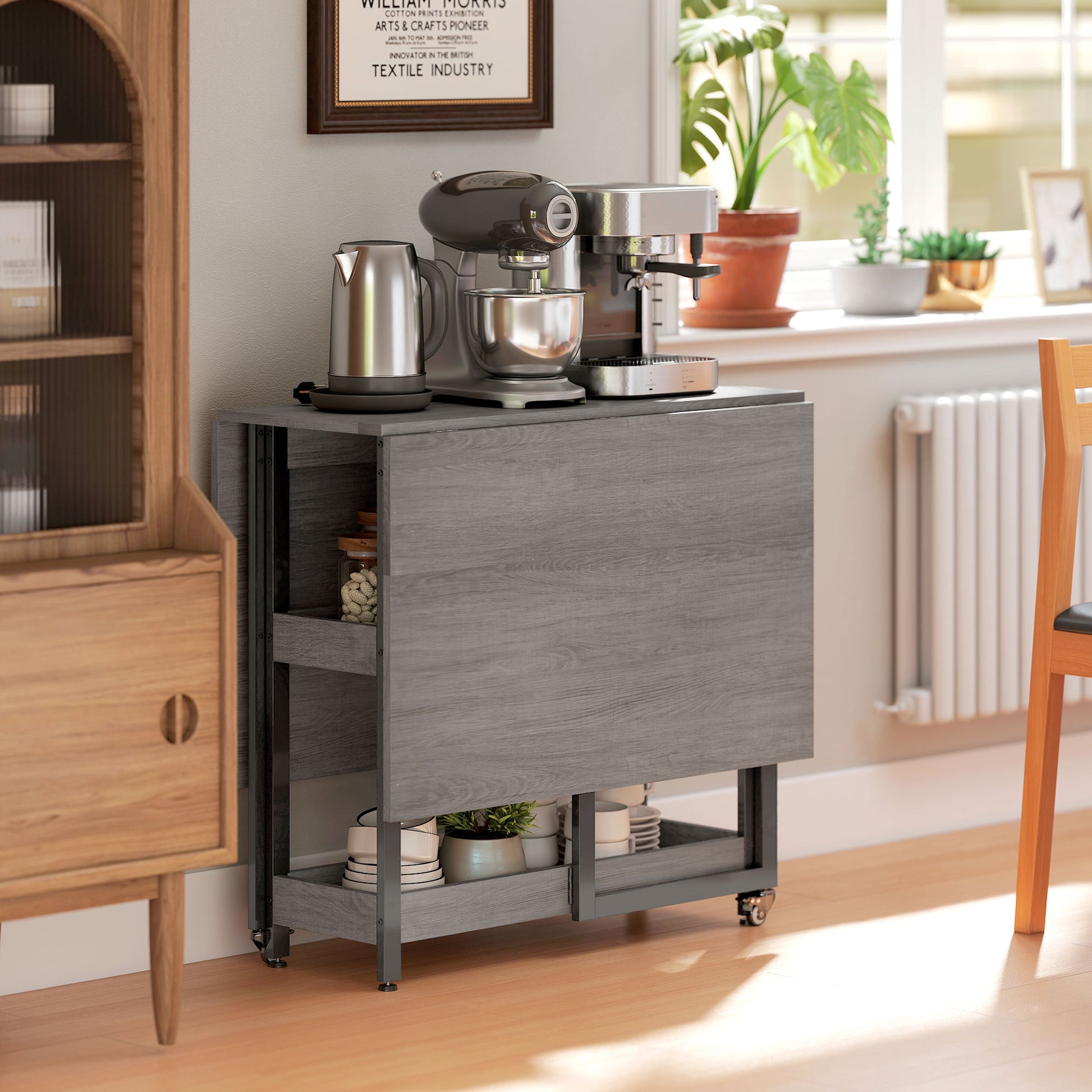 Folding Dining Table for 2-4 People with 2 Open Shelves, Mobile Dining Table with Wheels for Small Spaces, Dining Room, Kitchen 133.4 x 80 x 75 cm Gray