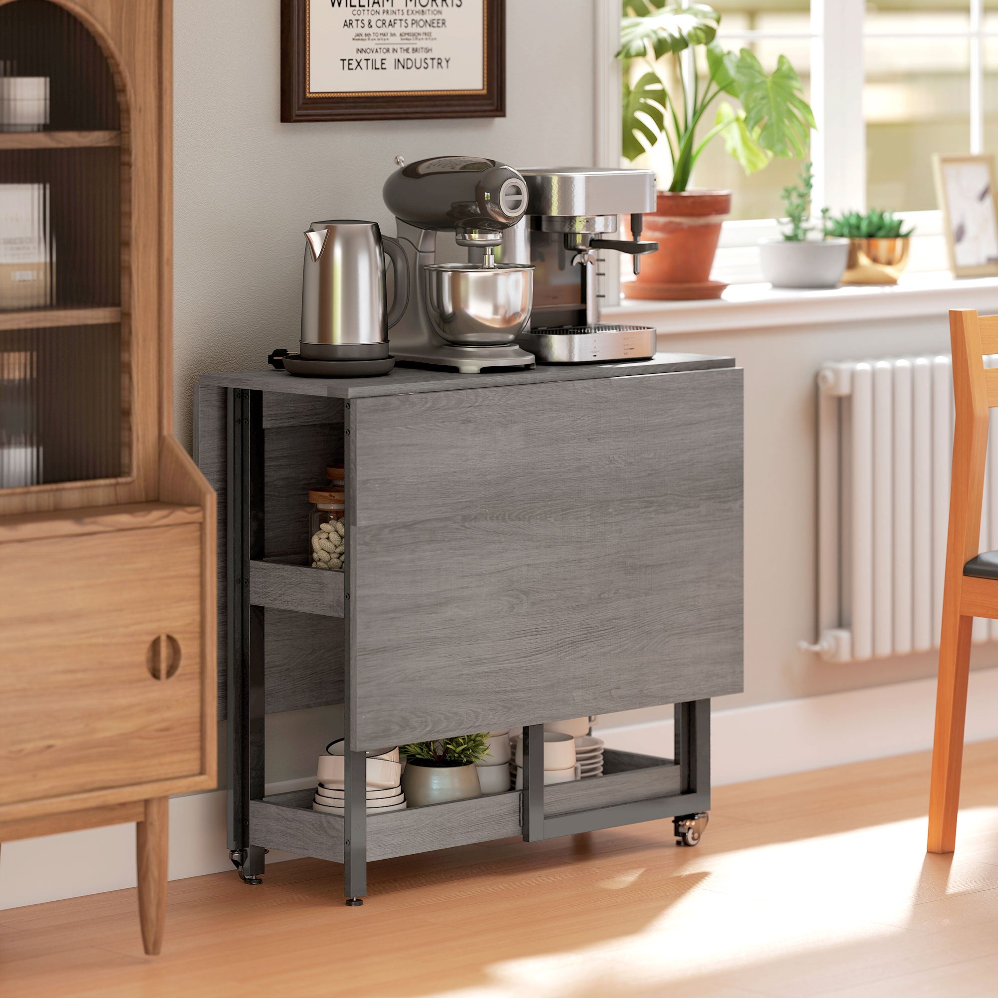 Folding Dining Table for 2-4 People with 2 Open Shelves, Mobile Dining Table with Wheels for Small Spaces, Dining Room, Kitchen 133.4 x 80 x 75 cm Gray