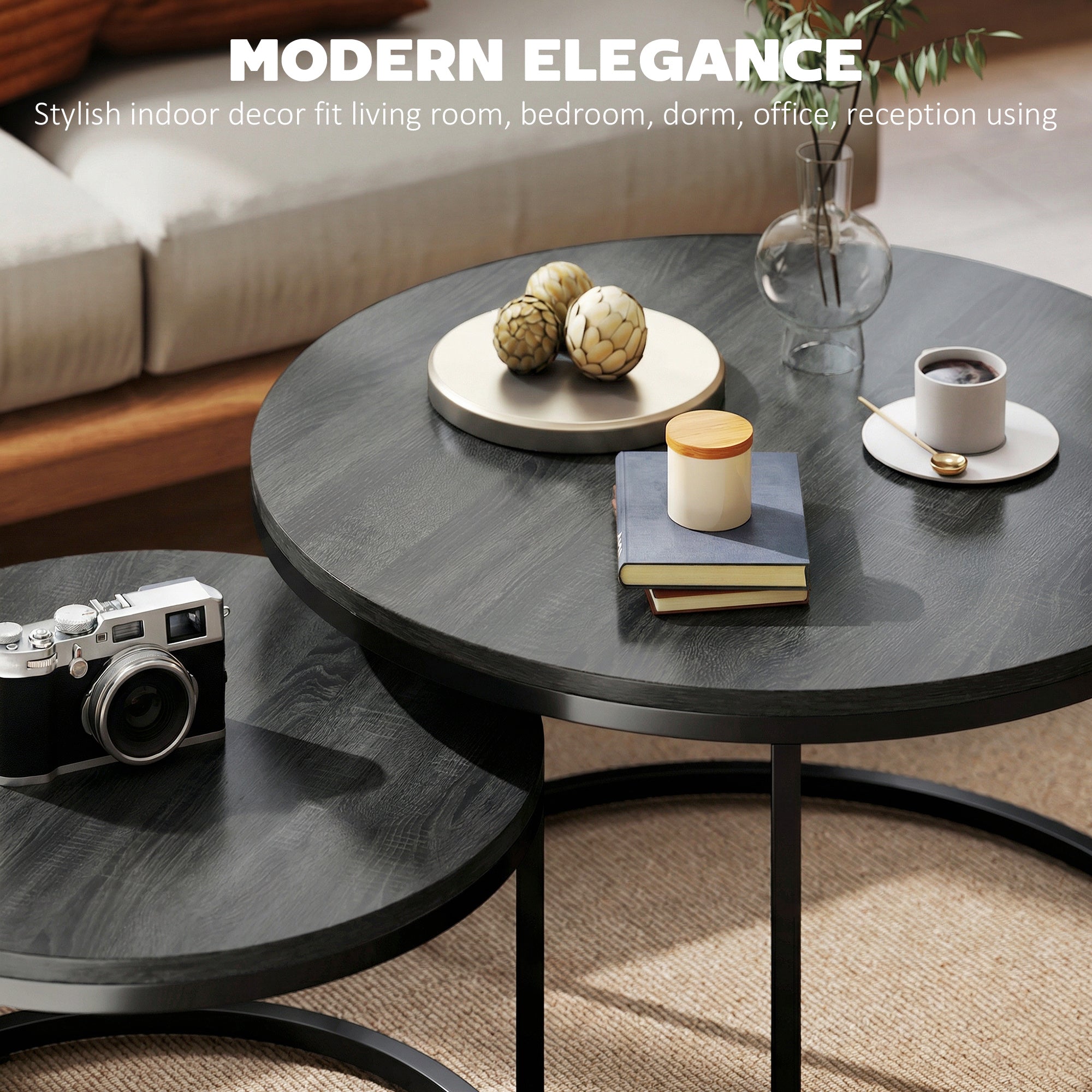 2-Piece Round Nesting Coffee Table Set with Metal Frame, Wood-Effect Tops, Black — 31.0 x 31.0 x 18.3 in