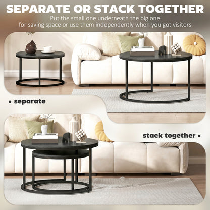 2-Piece Round Nesting Coffee Table Set with Metal Frame, Wood-Effect Tops, Black — 31.0 x 31.0 x 18.3 in