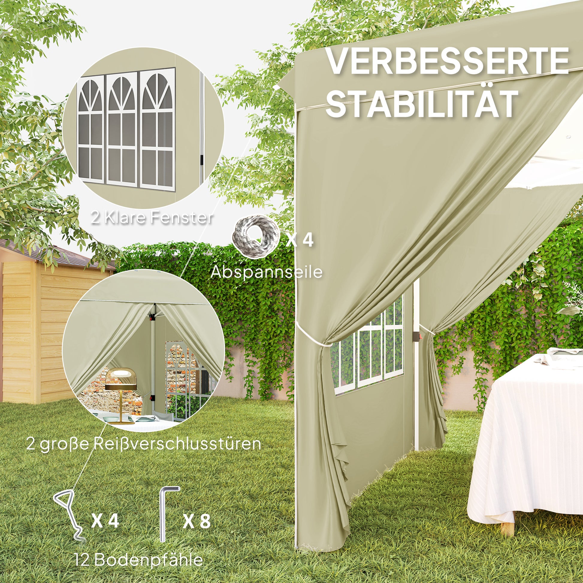 Pavilion approx. 2.5x2.5m, water-resistant Stable Winterproof Pop-up Folding Pavilion, UV Protection 50+, Foldable Party Tent Garden Tent with 4 Side Panels Bag Garden Pavilion for Camping Garden, Cream White