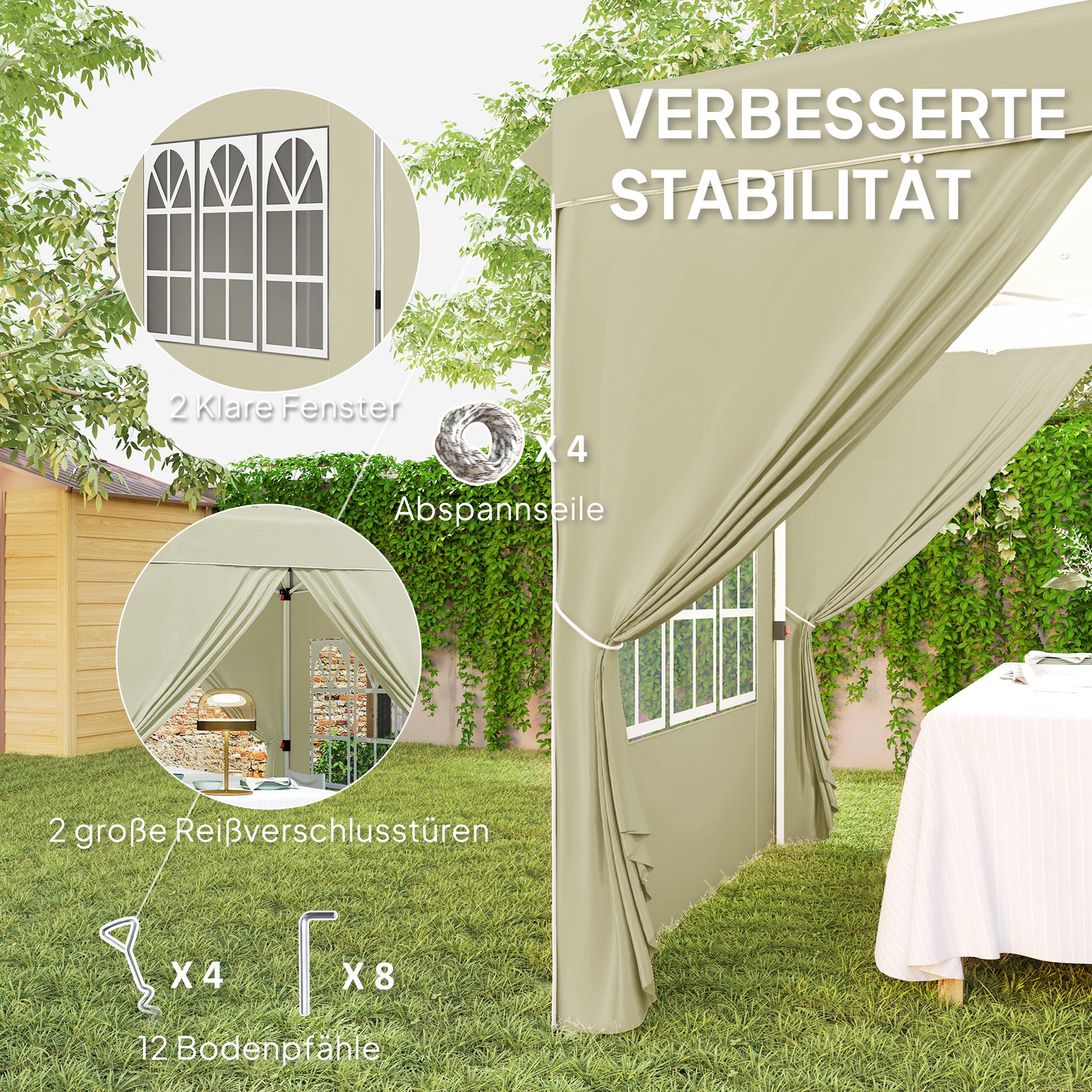 Pavilion approx. 2.5x2.5m, water-resistant Stable Winterproof Pop-up Folding Pavilion, UV Protection 50+, Foldable Party Tent Garden Tent with 4 Side Panels Bag Garden Pavilion for Camping Garden, Cream White