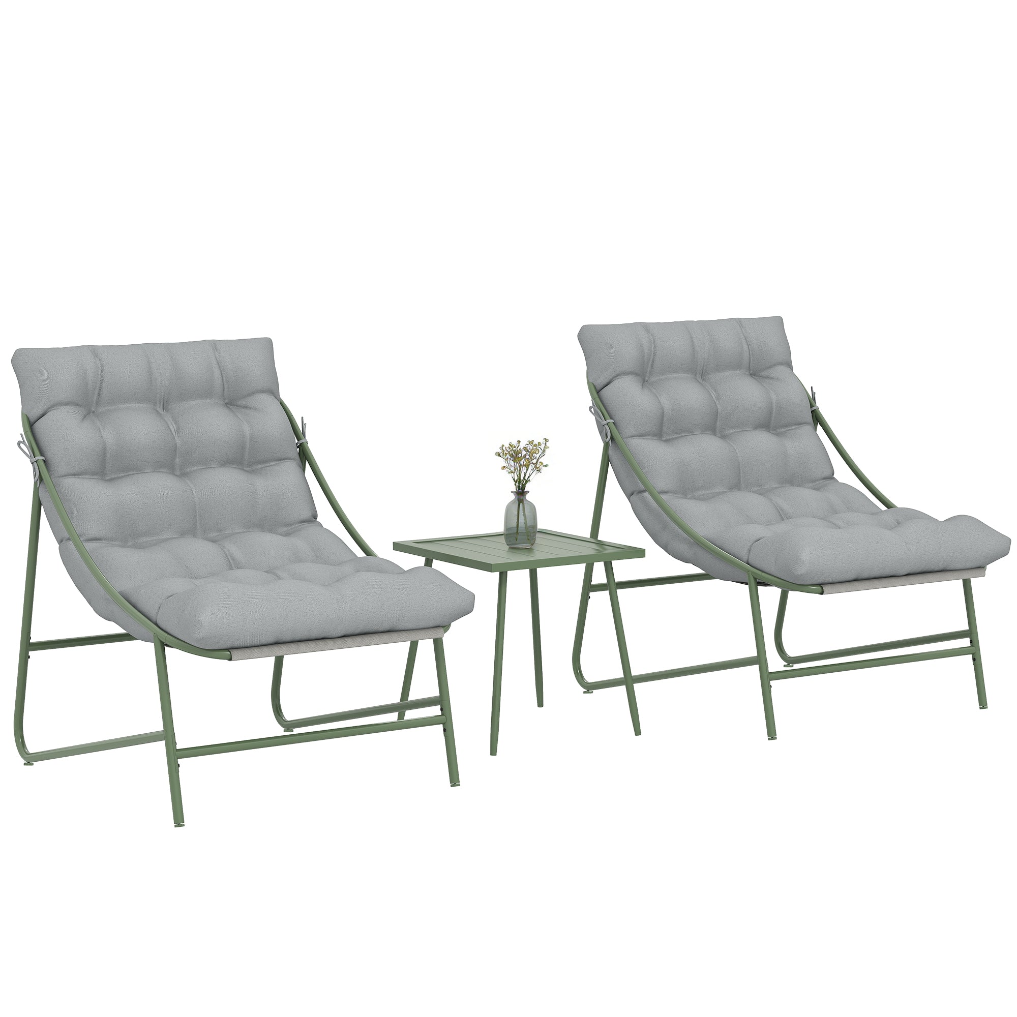 3-Piece Outdoor Patio Bistro Set with Cushions — 2 Lounge Chairs & Side Table, Powder-Coated Steel Frame, Light Gray