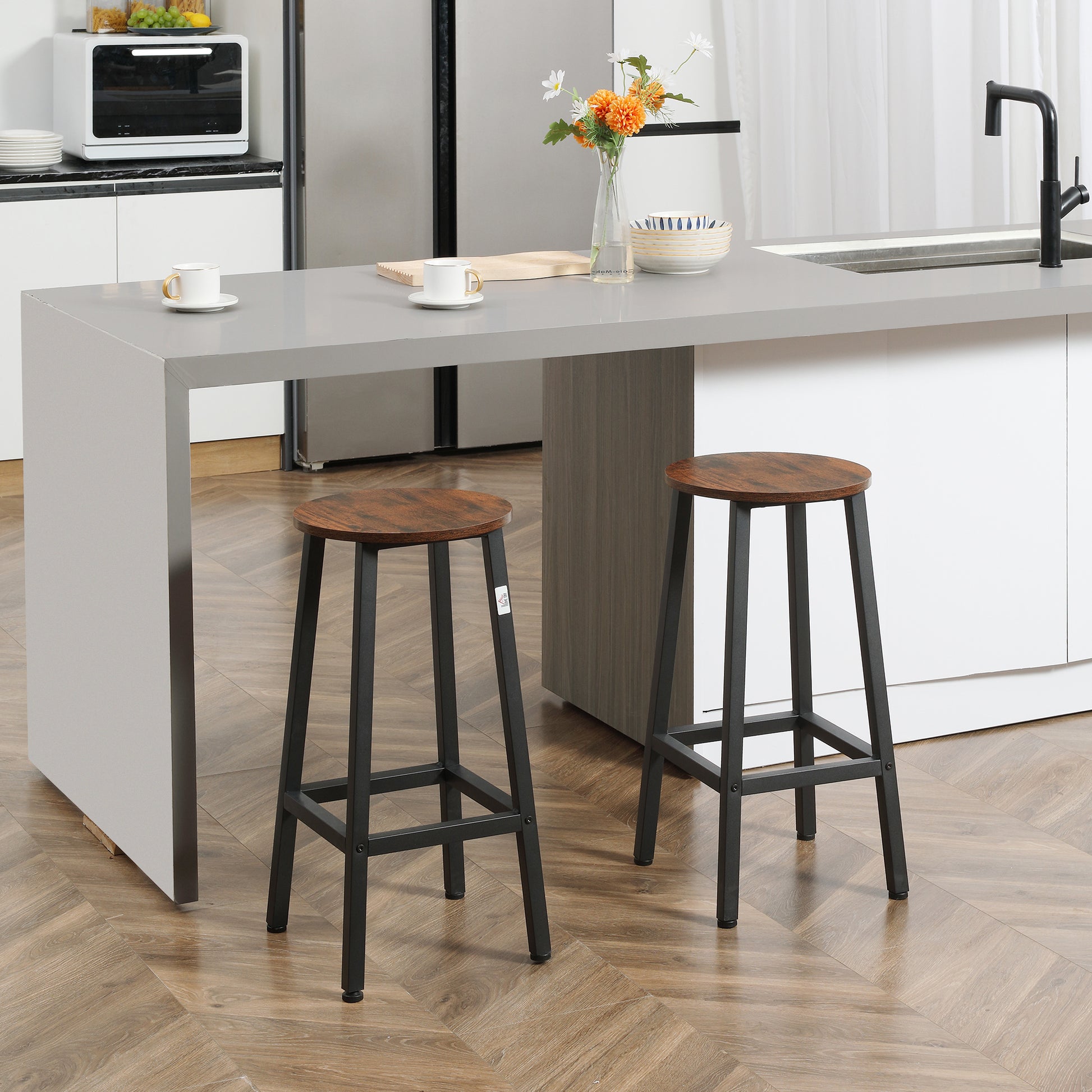 Set of 2 High Kitchen Stools Height 65 cm Bar Stools Bar Chairs with Steel Legs and Footrests for Living Room Dining Room Bar Load 75 kg Rustic Brown and Black