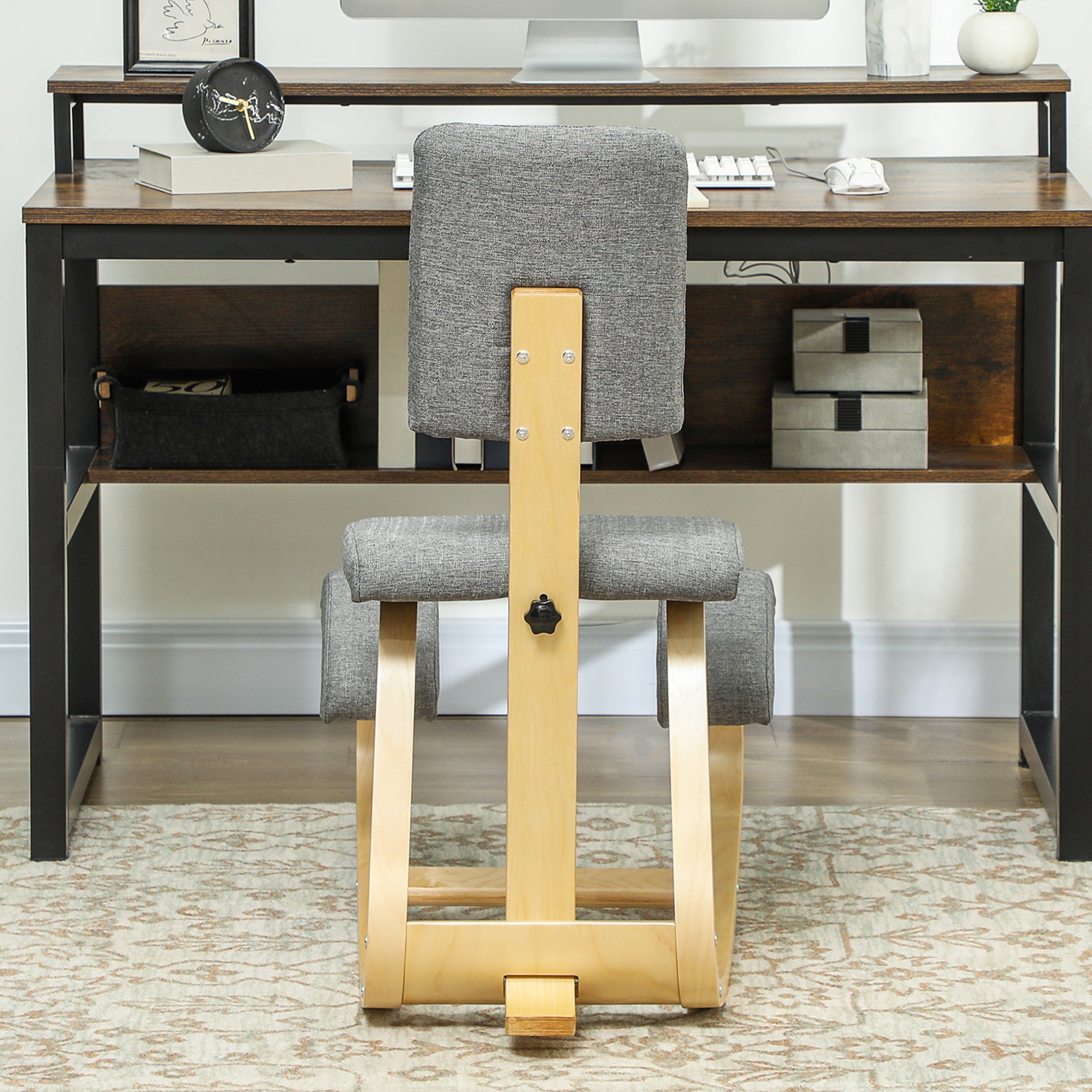 Ergonomic Kneeling Chair with Backrest, Rocking Kneeling Seat, Ergonomic Wood Stool, Orthopedic Office Stool, Posture Corrector, Back Pain Relief, Gray