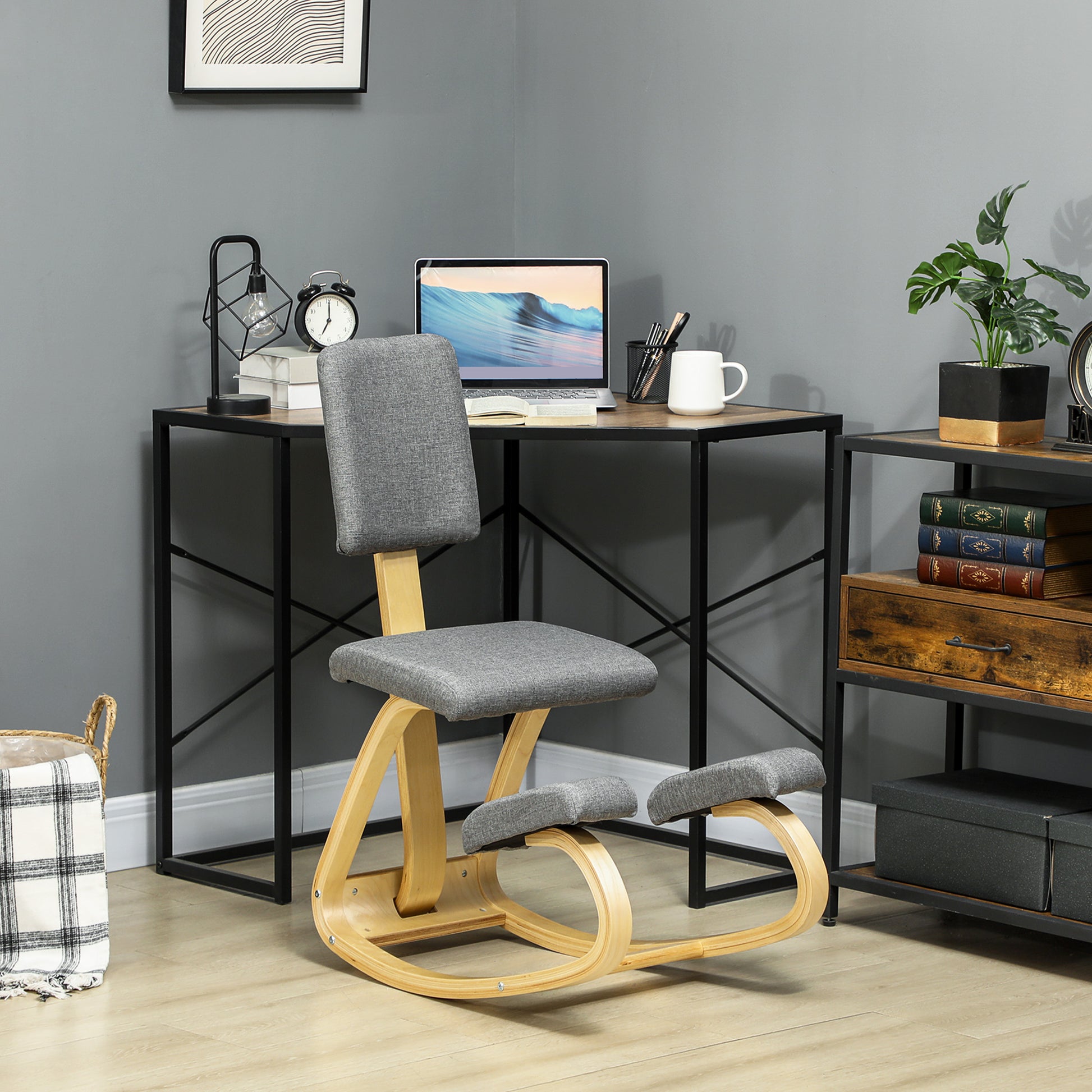 Ergonomic Kneeling Chair with Backrest, Rocking Kneeling Seat, Ergonomic Wood Stool, Orthopedic Office Stool, Posture Corrector, Back Pain Relief, Gray