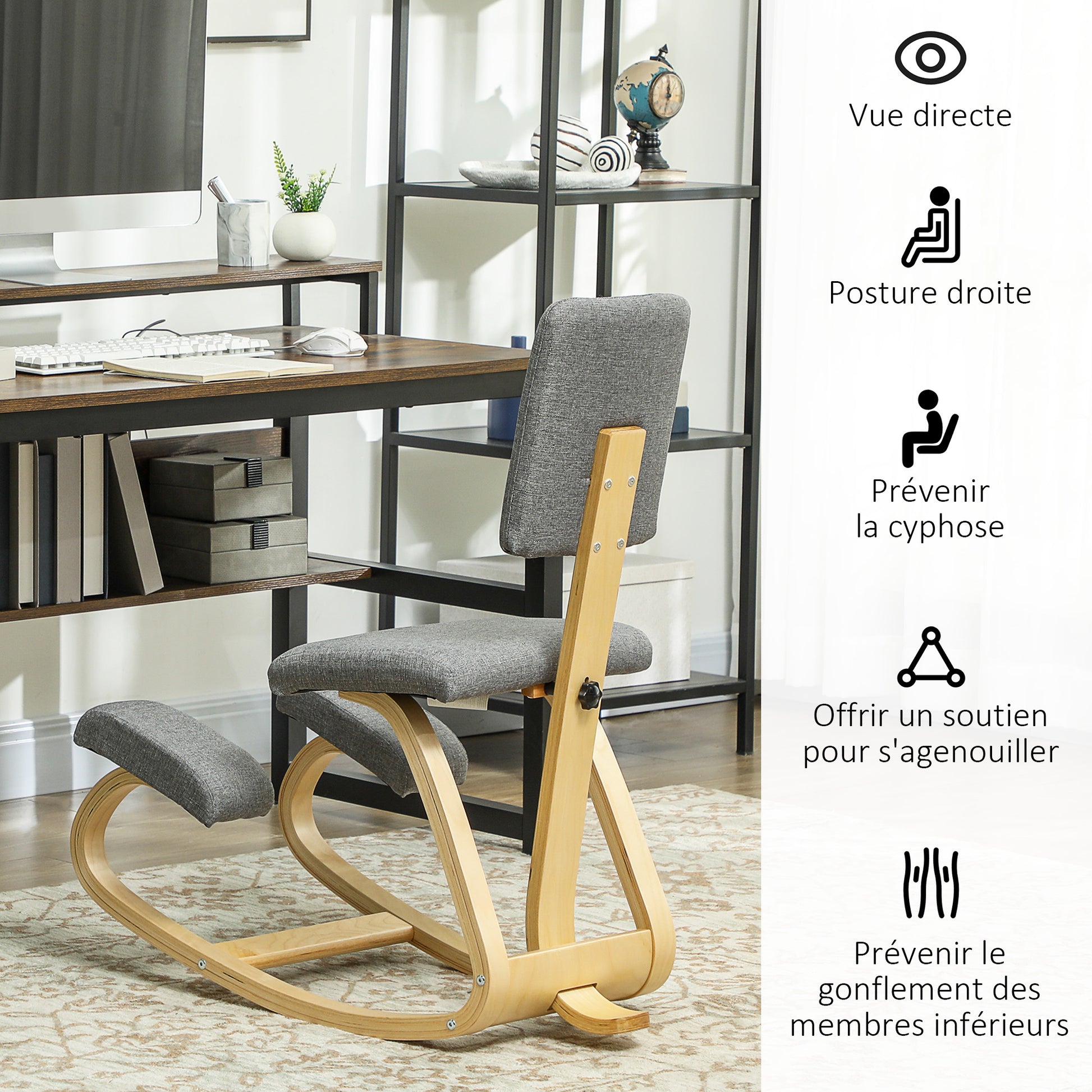 Ergonomic Kneeling Chair with Backrest, Rocking Kneeling Seat, Ergonomic Wood Stool, Orthopedic Office Stool, Posture Corrector, Back Pain Relief, Gray