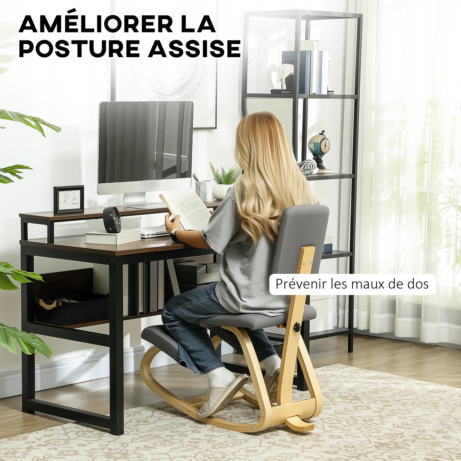 Ergonomic Kneeling Chair with Backrest, Rocking Kneeling Seat, Ergonomic Wood Stool, Orthopedic Office Stool, Posture Corrector, Back Pain Relief, Gray