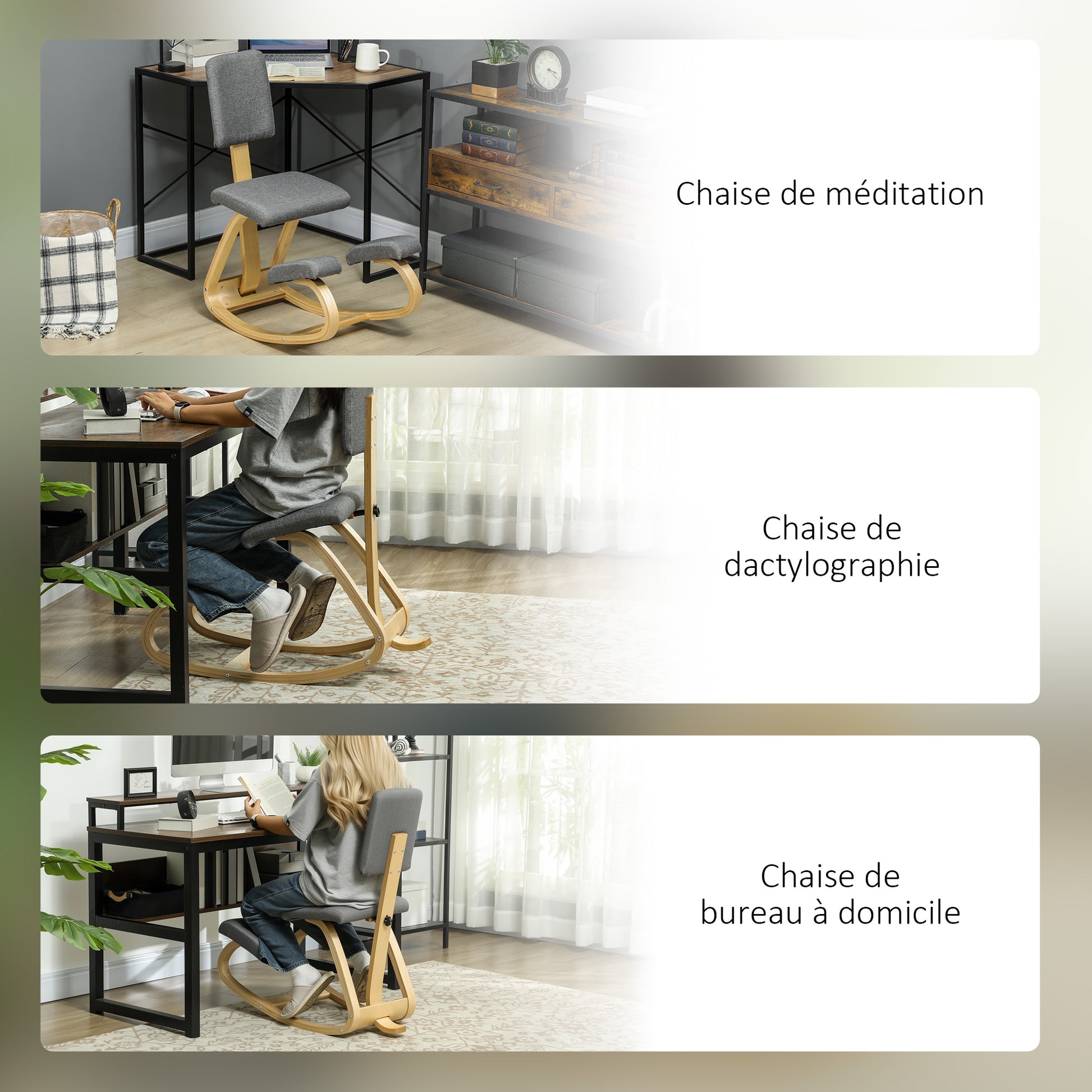 Ergonomic Kneeling Chair with Backrest, Rocking Kneeling Seat, Ergonomic Wood Stool, Orthopedic Office Stool, Posture Corrector, Back Pain Relief, Gray
