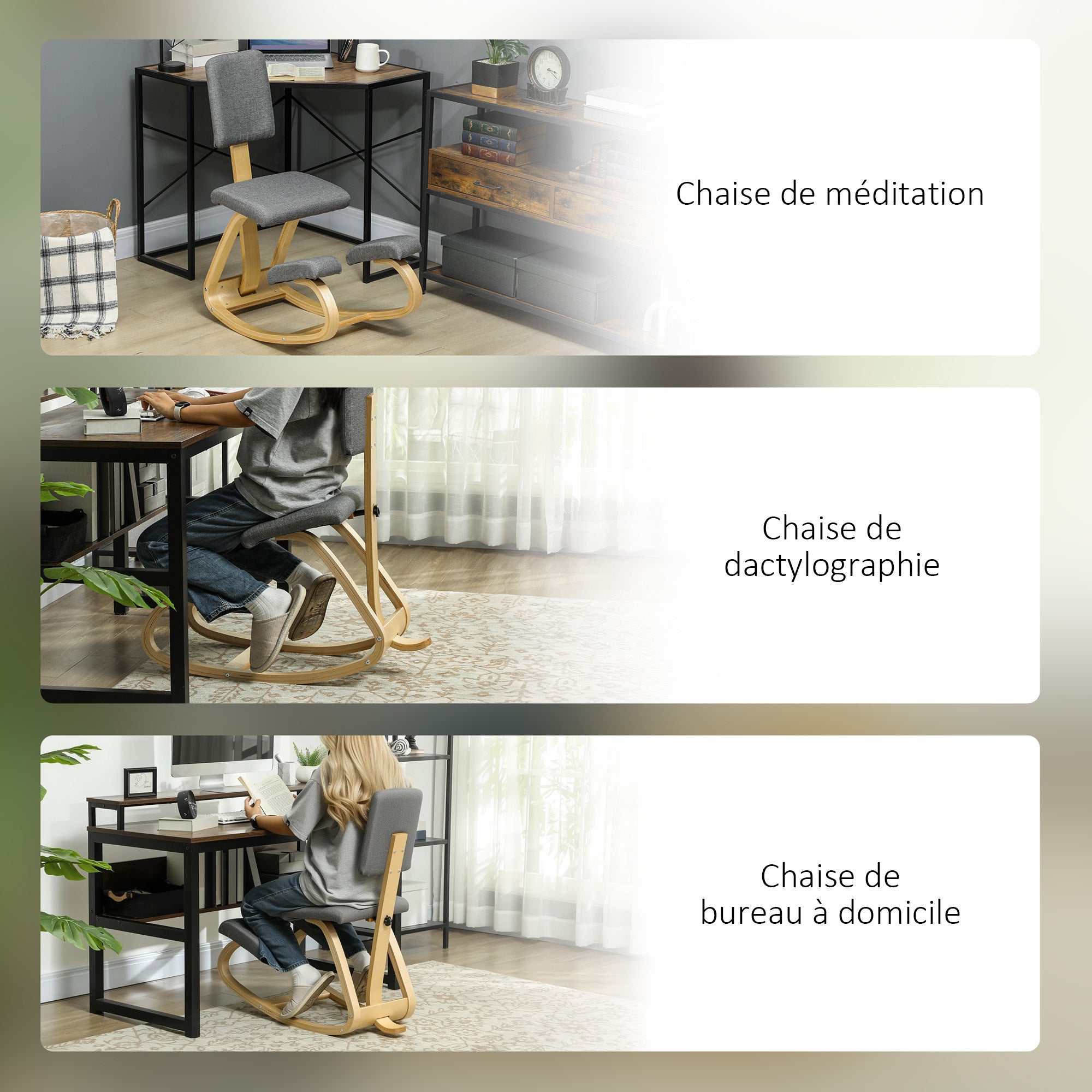 Ergonomic Kneeling Chair with Backrest, Rocking Kneeling Seat, Ergonomic Wood Stool, Orthopedic Office Stool, Posture Corrector, Back Pain Relief, Gray