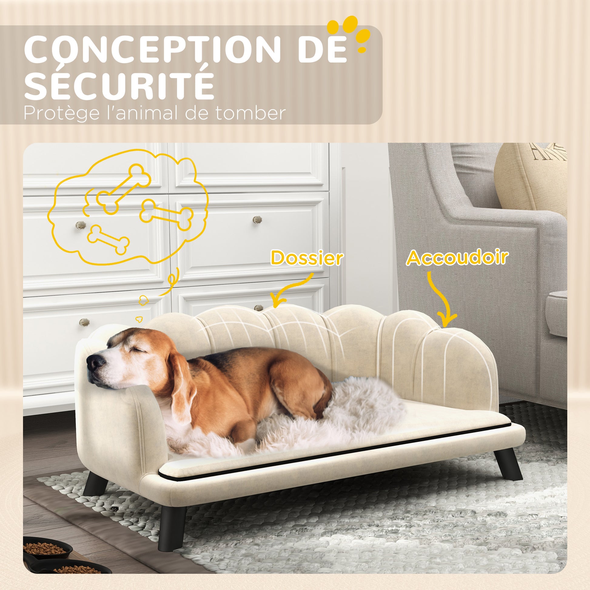 Dog Sofa Bed for Dog Cat Contemporary Shell Design Dimensions 98L x 60W x 35H cm Plush Velvet Cushion Cream