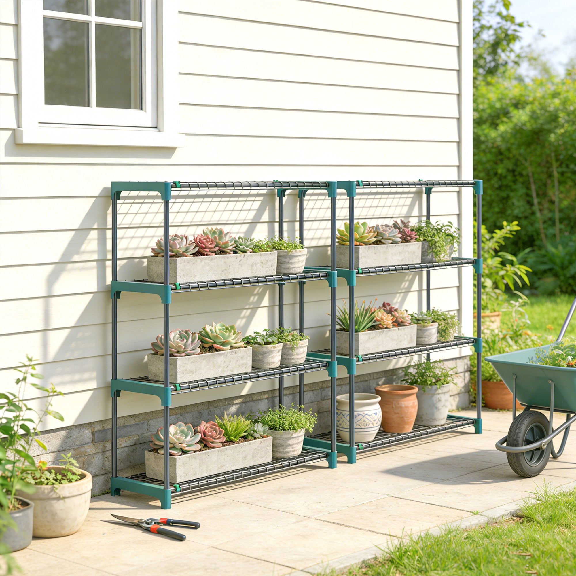 Set of 2 4-Tier Plant Stands, 40.9 in Tall — Steel Indoor/Outdoor Shelves, Multi-Level Pot Rack for Garden & Balcony, Dark Green