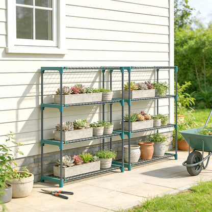 Set of 2 4-Tier Plant Stands, 40.9 in Tall — Steel Indoor/Outdoor Shelves, Multi-Level Pot Rack for Garden & Balcony, Dark Green