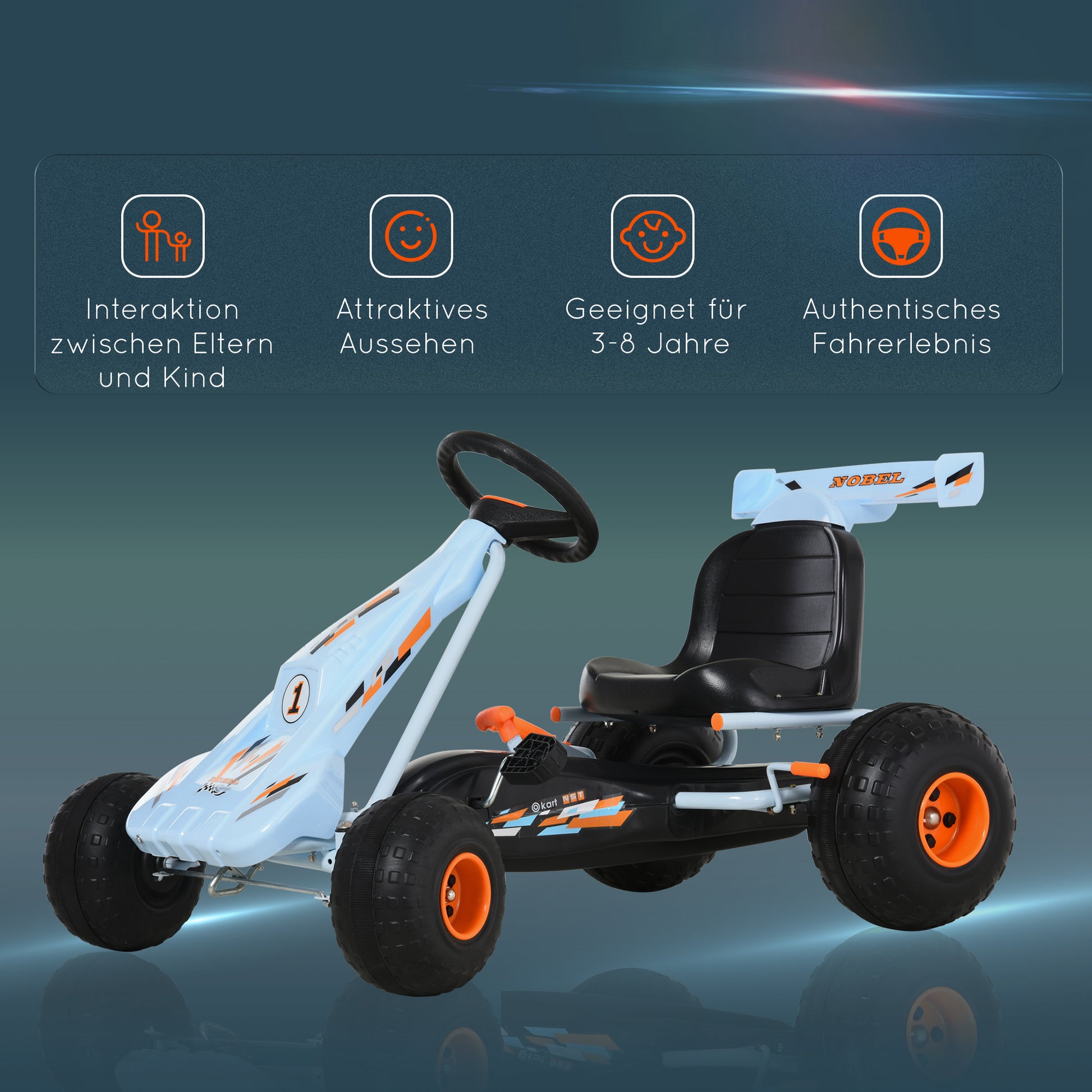 Go-Kart Pedal Car with Hand Brake, Adjustable Seat, Pedal, Forward and Reverse Gear, Chain Drive Children's Vehicle Toy Pedal Go-Kart for Kids Ages 3 and Up Light Blue