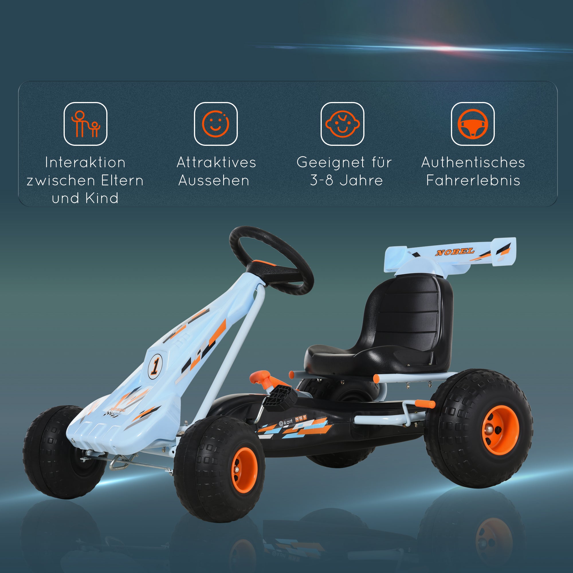 Go-Kart Pedal Car with Hand Brake, Adjustable Seat, Pedal, Forward and Reverse Gear, Chain Drive Children's Vehicle Toy Pedal Go-Kart for Kids Ages 3 and Up Light Blue