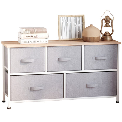 Chest of Drawers Storage Cabinet 100 x 30 x 54 cm 5 Non-Woven Drawers Gray Steel Frame White Light Wood