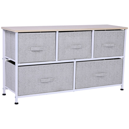 Chest of Drawers Storage Cabinet 100 x 30 x 54 cm 5 Non-Woven Drawers Gray Steel Frame White Light Wood