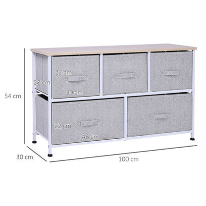 Chest of Drawers Storage Cabinet 100 x 30 x 54 cm 5 Non-Woven Drawers Gray Steel Frame White Light Wood