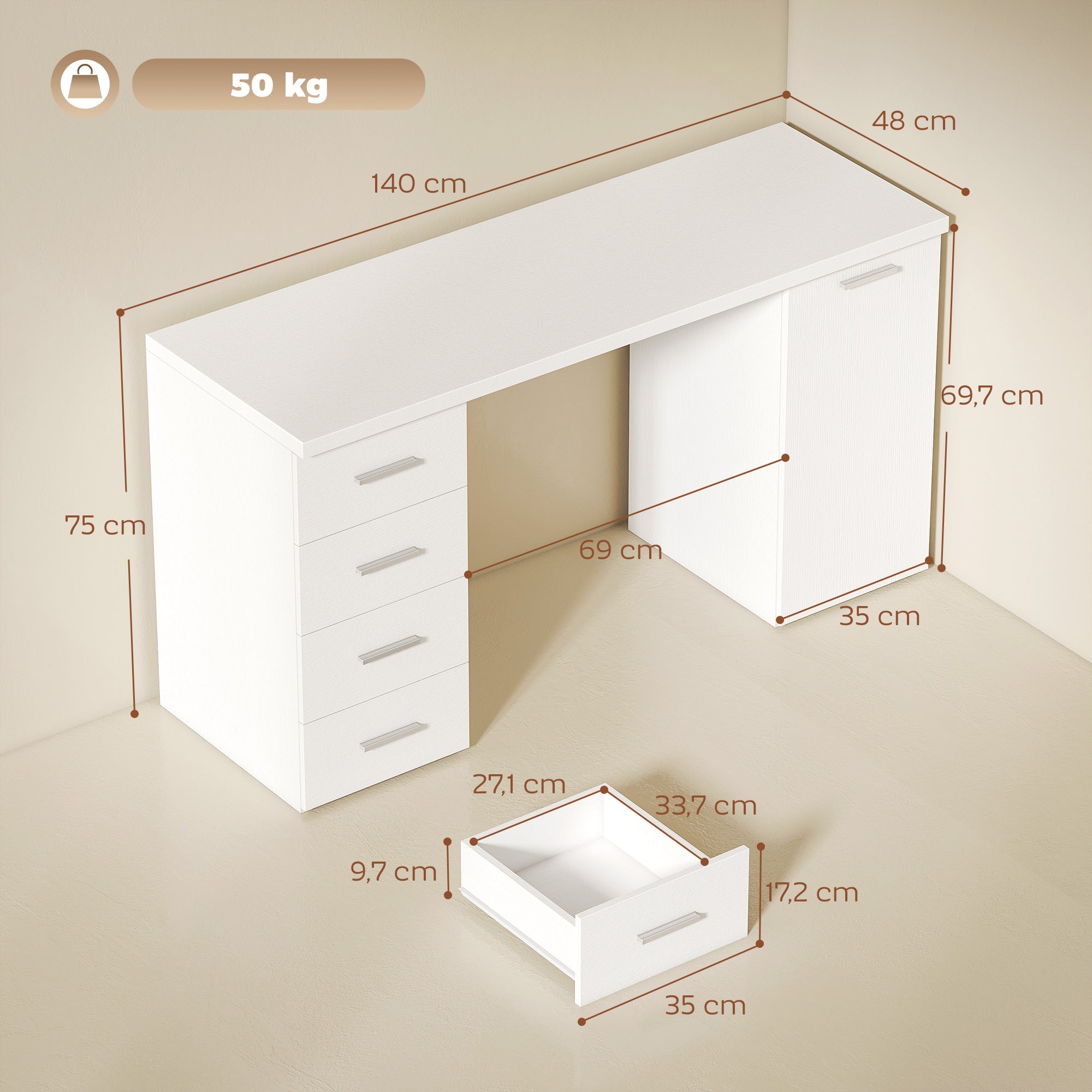Computer Desk with 4 Drawers, 55.1 x 18.9 x 29.5 in Desk with Cabinet & Adjustable Shelf, Modern Office Desk for Office or Bedroom, White