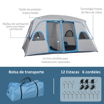 Family Camping Tent for 4-8 People with 2 Bedrooms Large Camping Tent with 2 Mesh Windows and Pockets Waterproof 400x275x210 cm Gray and Light Blue