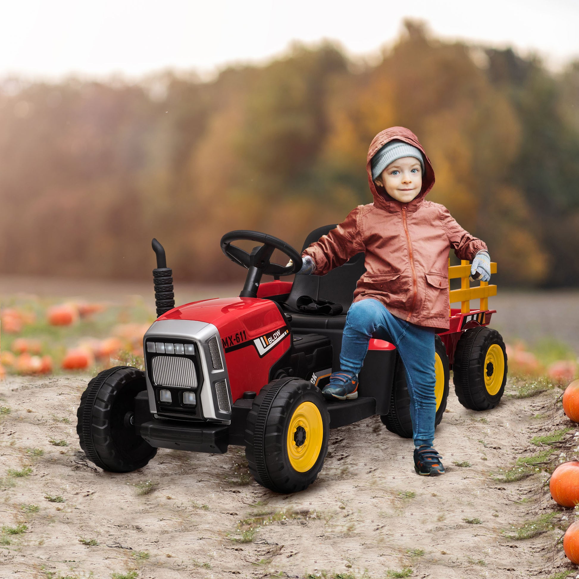 Electric Tractor with Trailer, Kids Ride-On Tractor with Remote Control, Kids Electric Car with MP3 Function, Children's Vehicle with Headlights, 3-6KM/H, for Children 3-6 Years Old, Red