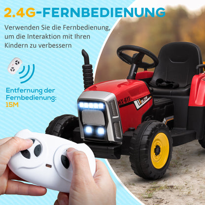 Electric Tractor with Trailer, Kids Ride-On Tractor with Remote Control, Kids Electric Car with MP3 Function, Children's Vehicle with Headlights, 3-6KM/H, for Children 3-6 Years Old, Red