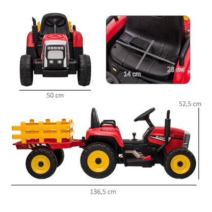 Electric Tractor with Trailer, Kids Ride-On Tractor with Remote Control, Kids Electric Car with MP3 Function, Children's Vehicle with Headlights, 3-6KM/H, for Children 3-6 Years Old, Red