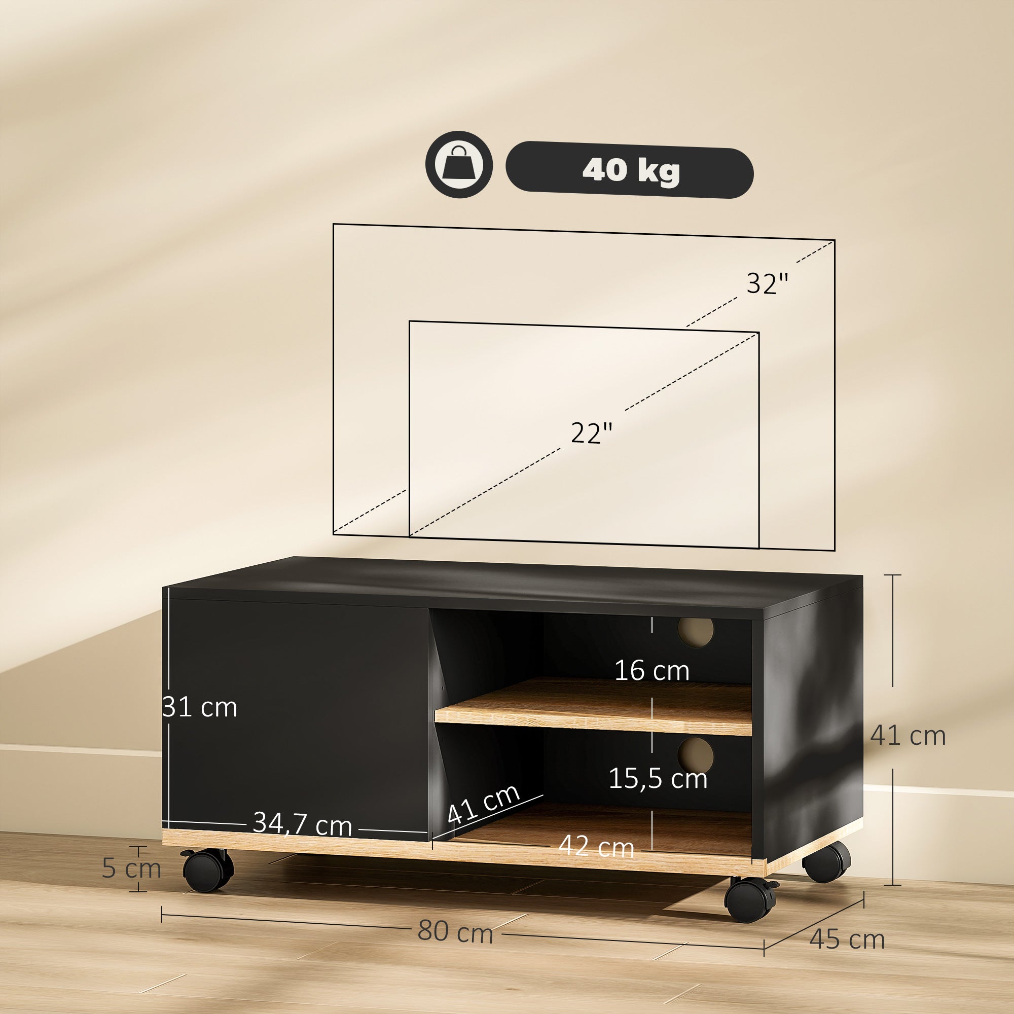 Lowboard TV Stand on Casters with Cabinet, Cable Management & Adjustable Shelf — Fits up to 32" TVs, Black & Oak, 80 x 45 x 41 cm (31.5 x 17.7 x 16.1 in)