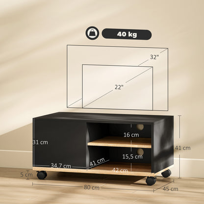 Lowboard TV Stand on Casters with Cabinet, Cable Management & Adjustable Shelf — Fits up to 32" TVs, Black & Oak, 80 x 45 x 41 cm (31.5 x 17.7 x 16.1 in)