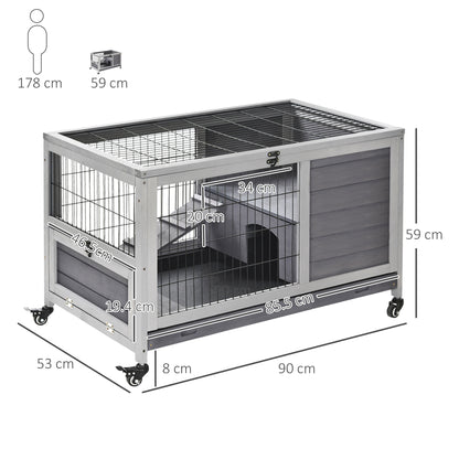 Rabbit and Guinea Pig Cage Hutch with 4 Wheels, House, Ramp, and Removable Tray, Natural Wood, Gray, 90x53x59 cm