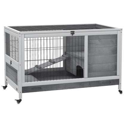Rabbit and Guinea Pig Cage Hutch with 4 Wheels, House, Ramp, and Removable Tray, Natural Wood, Gray, 90x53x59 cm