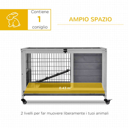Rabbit and Guinea Pig Cage Hutch with 4 Wheels, House, Ramp, and Removable Tray, Natural Wood, Gray, 90x53x59 cm