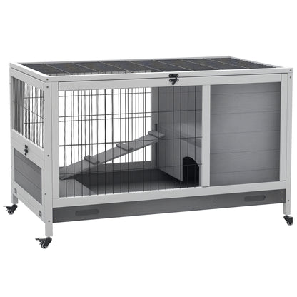 Rabbit and Guinea Pig Cage Hutch with 4 Wheels, House, Ramp, and Removable Tray, Natural Wood, Gray, 90x53x59 cm