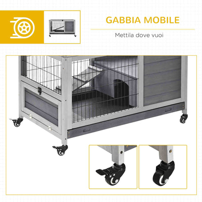 Rabbit and Guinea Pig Cage Hutch with 4 Wheels, House, Ramp, and Removable Tray, Natural Wood, Gray, 90x53x59 cm