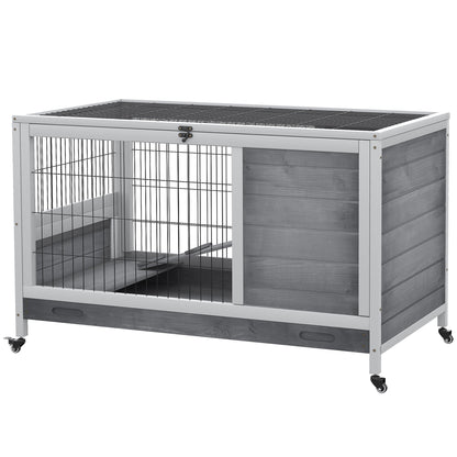 Rabbit and Guinea Pig Cage Hutch with 4 Wheels, House, Ramp, and Removable Tray, Natural Wood, Gray, 90x53x59 cm
