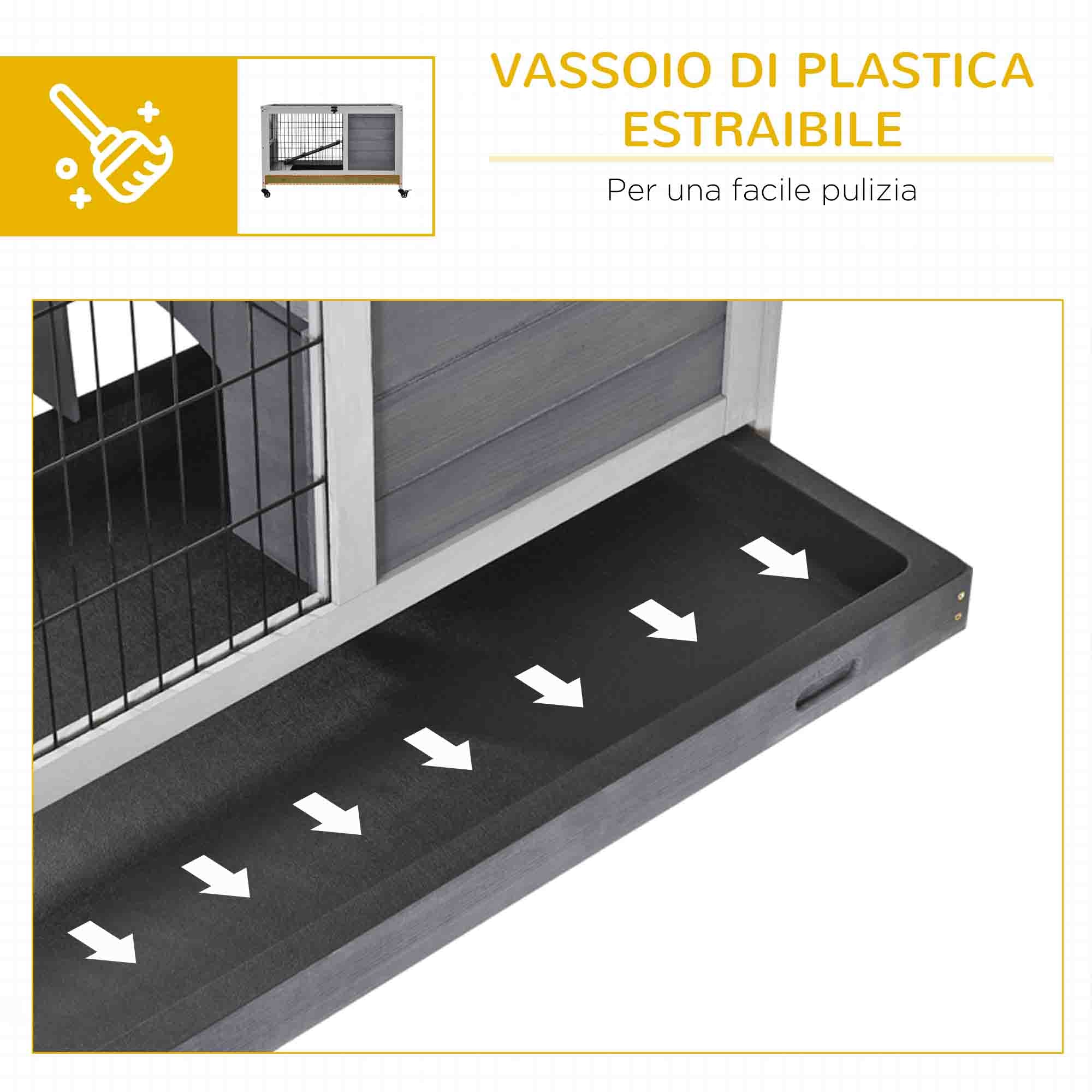 Rabbit and Guinea Pig Cage Hutch with 4 Wheels, House, Ramp, and Removable Tray, Natural Wood, Gray, 90x53x59 cm