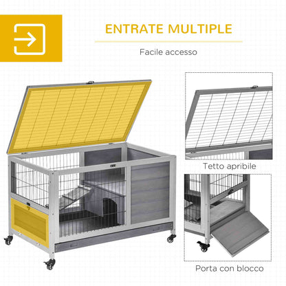 Rabbit and Guinea Pig Cage Hutch with 4 Wheels, House, Ramp, and Removable Tray, Natural Wood, Gray, 90x53x59 cm