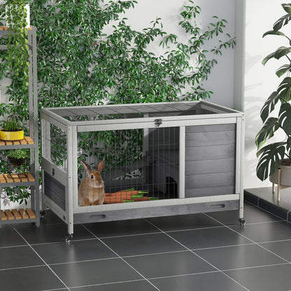 Rabbit and Guinea Pig Cage Hutch with 4 Wheels, House, Ramp, and Removable Tray, Natural Wood, Gray, 90x53x59 cm